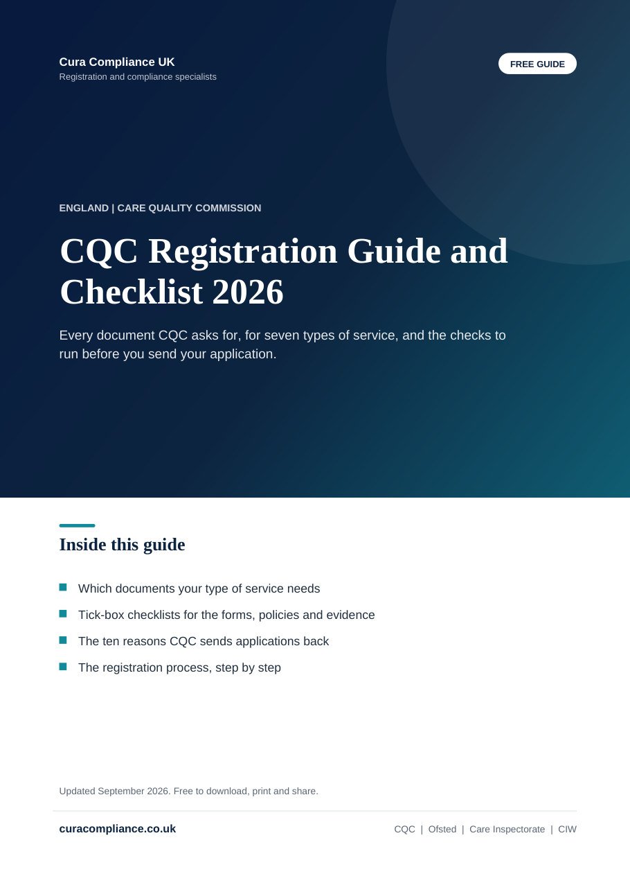 Cover of the free CQC Registration Guide and Checklist 2026 from Cura Compliance UK