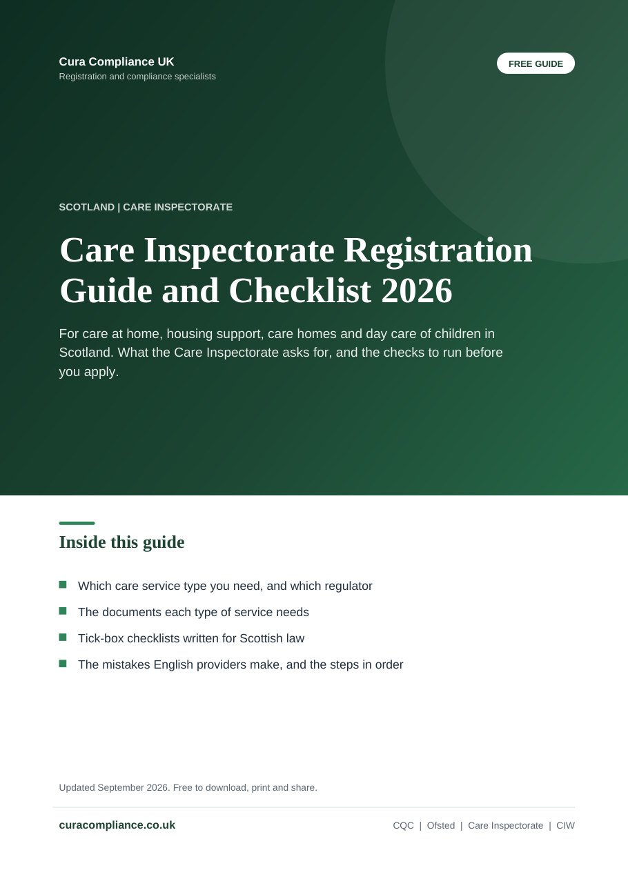 Cover of the free Care Inspectorate Registration Guide and Checklist 2026 from Cura Compliance UK