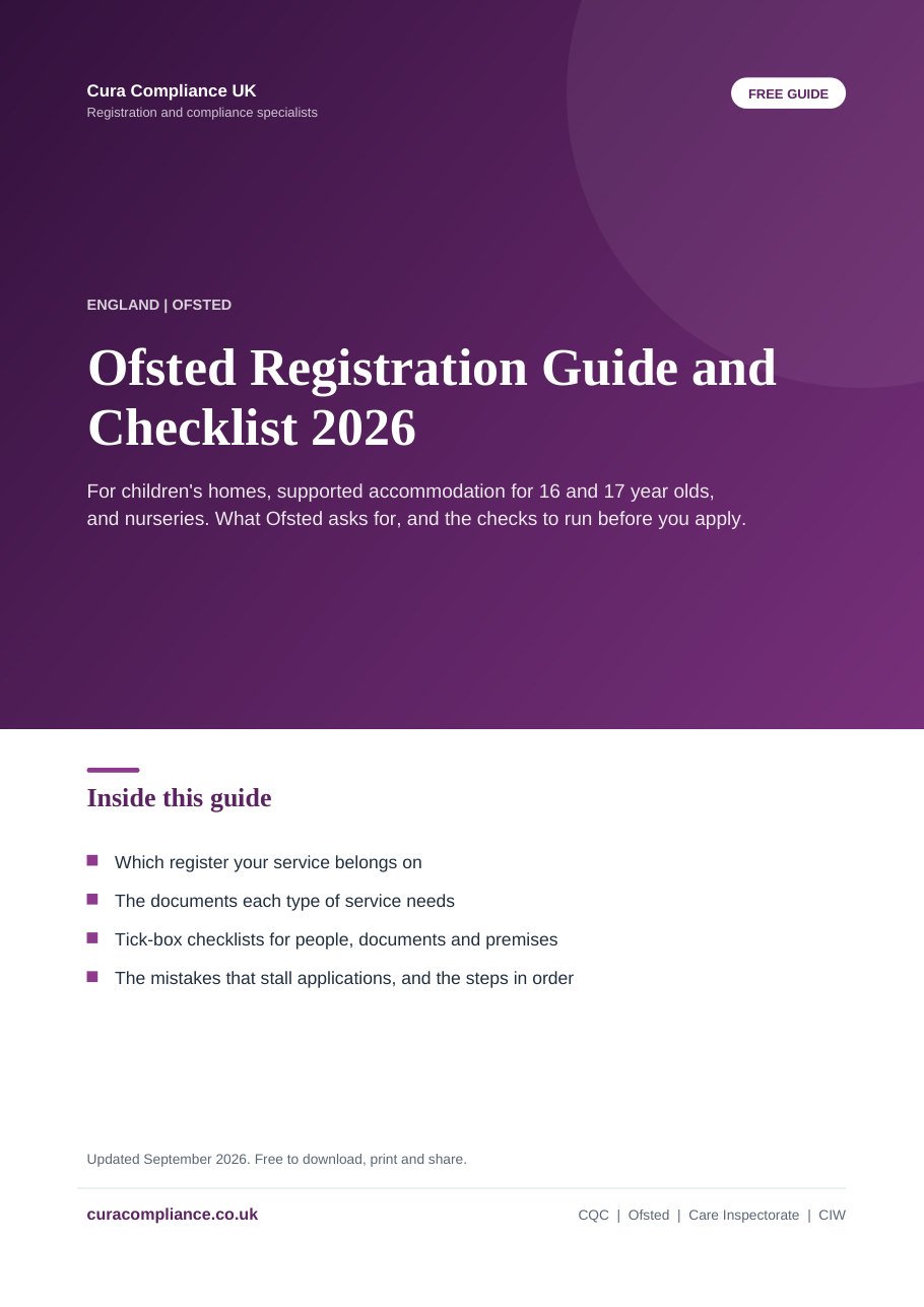 Cover of the free Ofsted Registration Guide and Checklist 2026 from Cura Compliance UK
