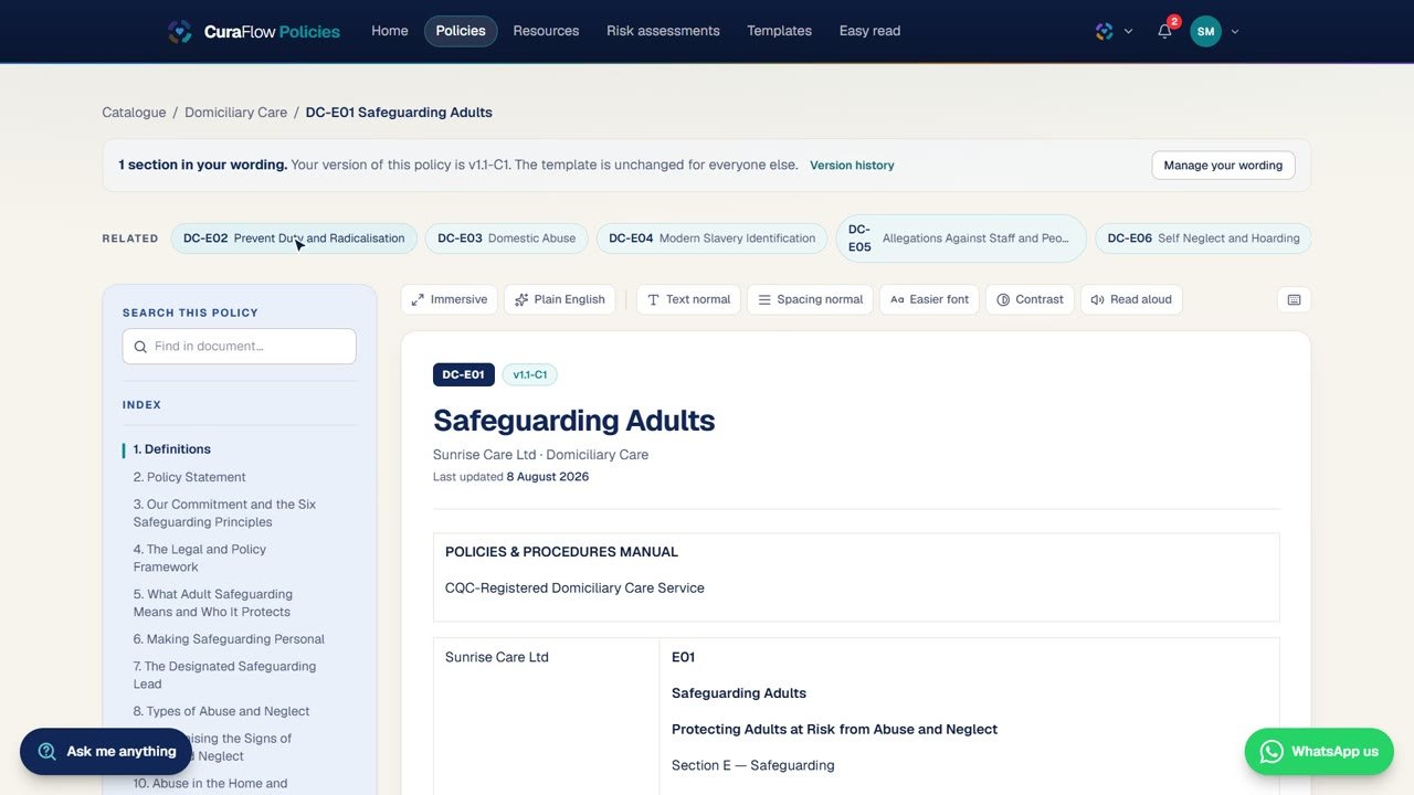 CuraFlow Policies reader showing a safeguarding policy