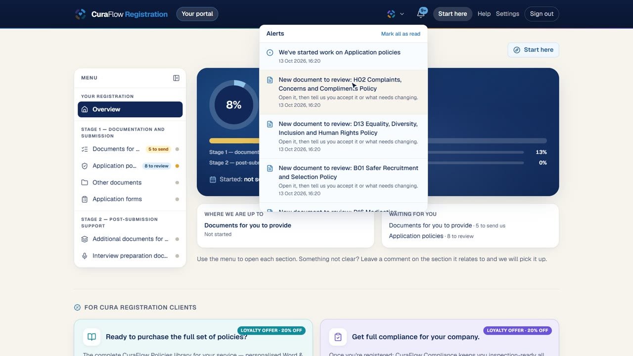 CuraFlow Registration alerts for newly shared documents