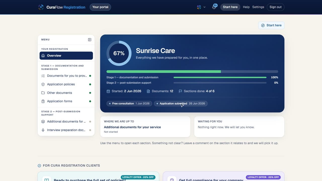 CuraFlow Registration overview showing stage progress and key dates